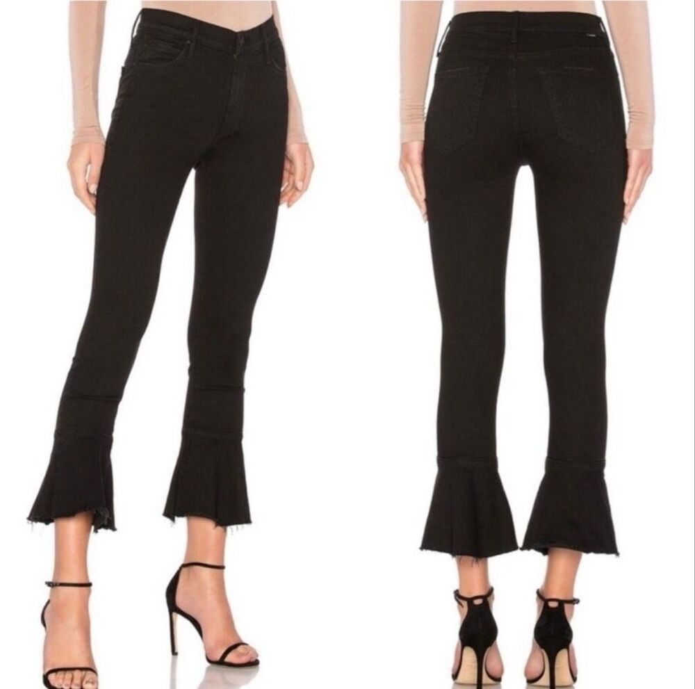 Mother cha cha fray black wash mid rise flare jeans size 27